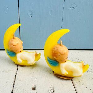 Vintage Mid Century Gurley Angel on the Moon Candle pair, Baby Cherub Candle